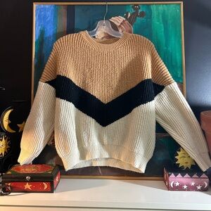 SHEIN Tan, Black, and Cream Chevron Sweater Small